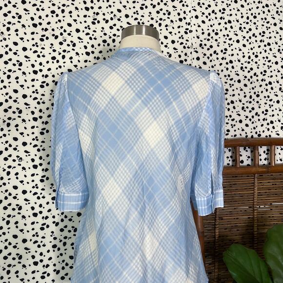Veronica Beard | Plaid Print Blue White Semi Sheer Short Sleeve Button Blouse M - Picture 8 of 11